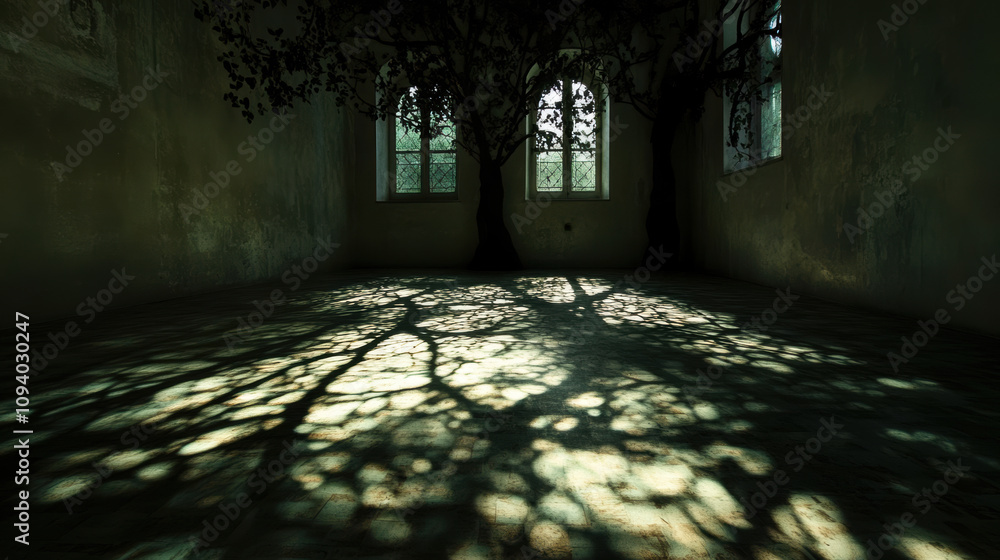 Obraz premium Dark room illuminated by shadows of trees creating intricate patterns on floor