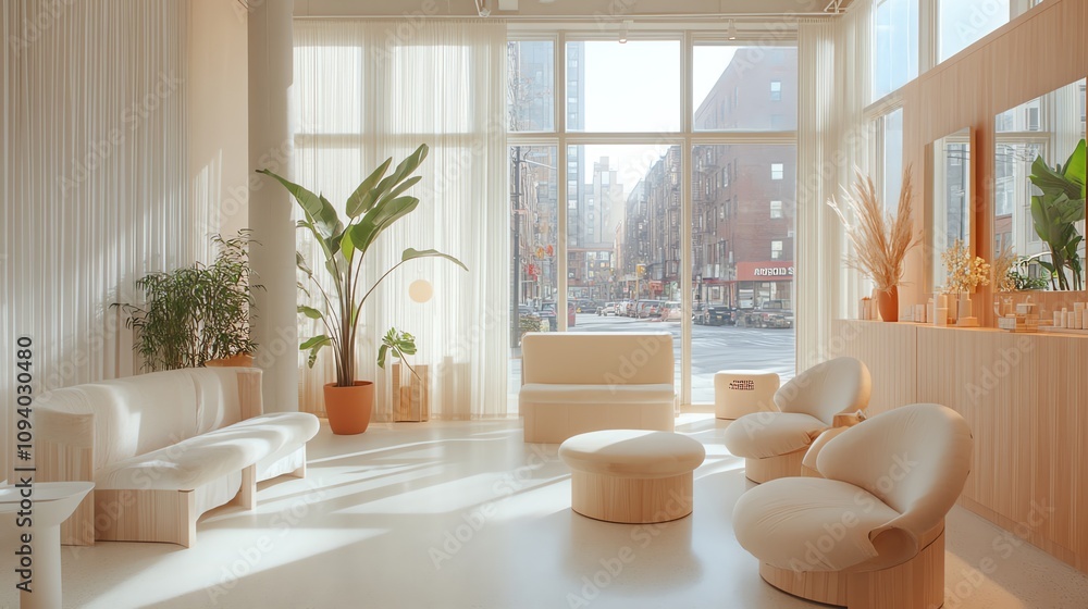 Obraz premium Modern minimalist waiting area with large windows, white furniture, plants, and natural light.
