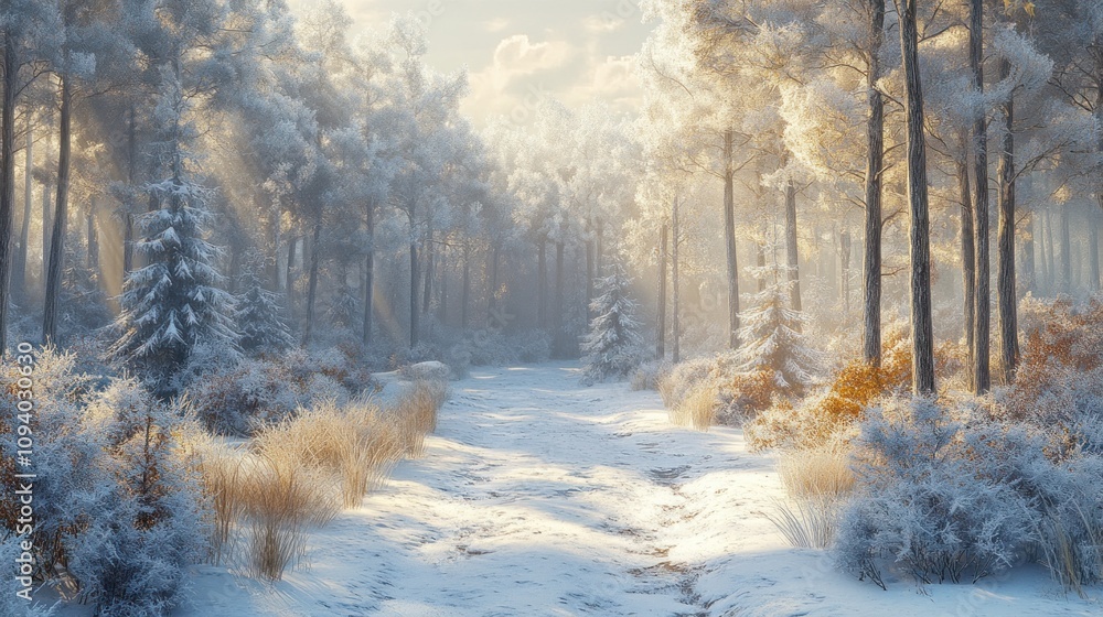 A serene winter landscape featuring snow-covered trees and a tranquil pathway. A serene winter landscape featuring snow-covered trees and a tranquil pathway.
