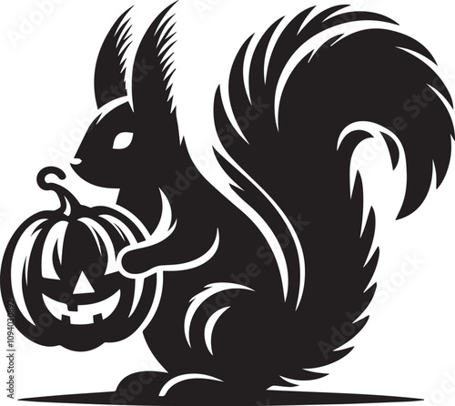 A squirrel holding a pumpkin during autumn silhouette vector