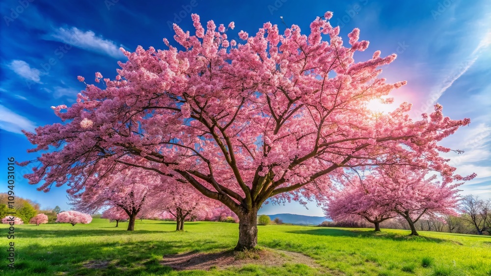 Stunning Panoramic View of Cherry Blossoms in Full Bloom Against a Clear Blue Sky, Capturing the Delicate Pink Petals and Majestic Branches of the Tree in Springtime Splendor Stunning Panoramic View of Cherry Blossoms in Full Bloom Against a Clear Blue Sky, Capturing the Delicate Pink Petals and Majestic Branches of the Tree in Springtime Splendor