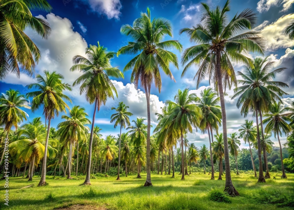 Stunning Panoramic View of Coconut Palm Trees Against a Vibrant Tropical Background for Summer Vibes, Perfect for Travel and Nature Enthusiasts Seeking Paradise Images Stunning Panoramic View of Coconut Palm Trees Against a Vibrant Tropical Background for Summer Vibes, Perfect for Travel and Nature Enthusiasts Seeking Paradise Images