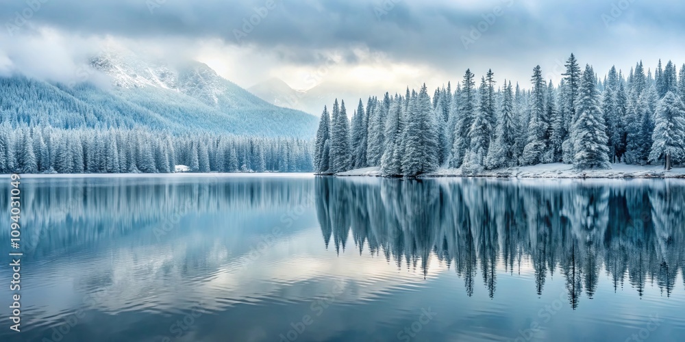 Obraz premium Serene winter landscape featuring snow-covered evergreen trees reflected in a calm lake, a picturesque scene of tranquil beauty and natural wonder