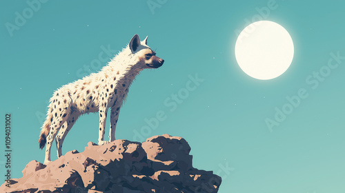 Hyena on the Rock: A lone hyena stands proudly on a rocky outcrop, silhouetted against a vibrant blue sky and a bright sun. The animal's confident pose suggests a sense of strength and resilience. photo