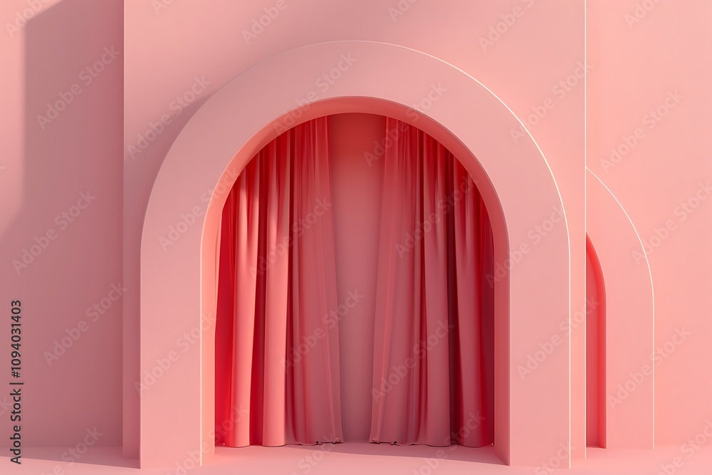 3D render of a minimal pink arch and curtain on the wall, set against a solid background. Simple and stylish design. 3D render of a minimal pink arch and curtain on the wall, set against a solid background. Simple and stylish design.
