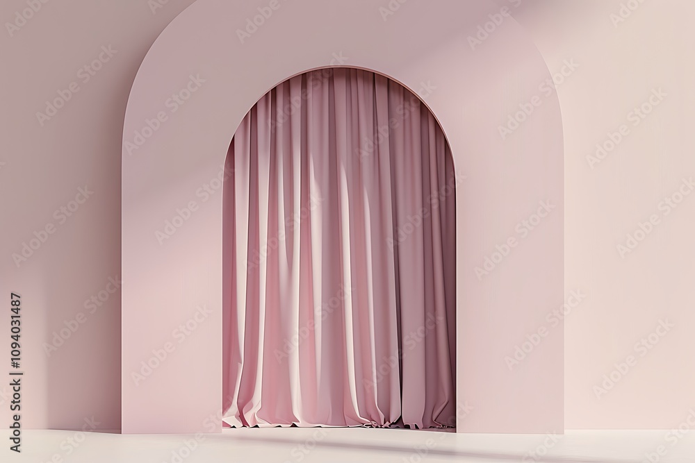 3D render of a minimal pink arch with a curtain on the wall, featuring a simple design and solid background. 3D render of a minimal pink arch with a curtain on the wall, featuring a simple design and solid background.