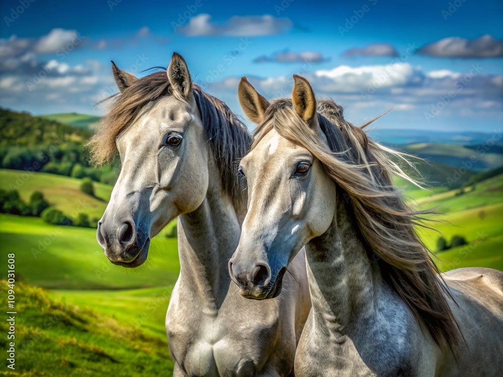 Stunning Portrait of a Couple of Grey Horses in a Serene Pastoral Setting Capturing Their Bonding Moments and Natural Beauty, Ideal for Equine Lovers and Animal Enthusiasts Stunning Portrait of a Couple of Grey Horses in a Serene Pastoral Setting Capturing Their Bonding Moments and Natural Beauty, Ideal for Equine Lovers and Animal Enthusiasts