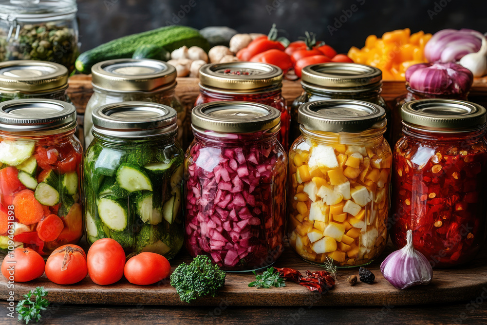 A set of glass jars with homemade pickled vegetables laid out on a wooden table. A set of glass jars with homemade pickled vegetables laid out on a wooden table.
