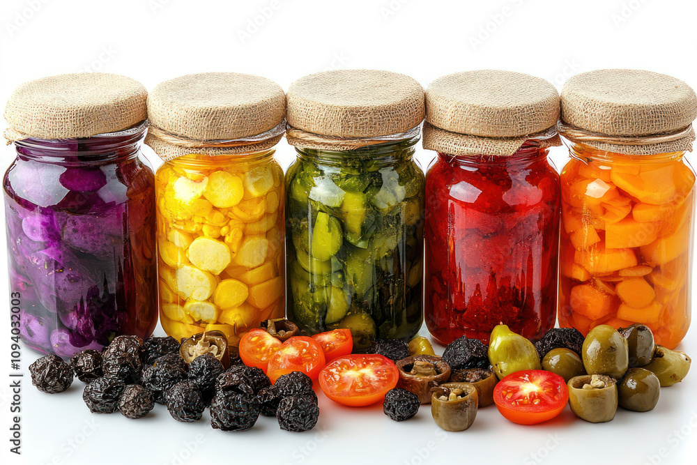 a bright composition of glass jars with pickled vegetables a bright composition of glass jars with pickled vegetables
