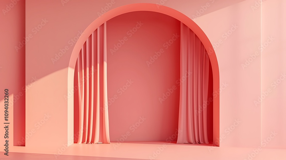 3D render of a minimalistic pink arch with a curtain on the wall, set against a solid background. Clean and modern design. 3D render of a minimalistic pink arch with a curtain on the wall, set against a solid background. Clean and modern design.