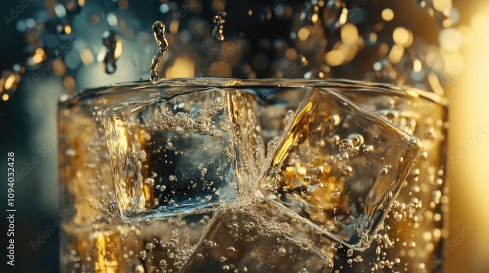 A cinematic close-up of crystal-clear ice cubes in a glass of sparkling water, lit to highlight the cubes' intricate details, with refreshing bubbles rising.