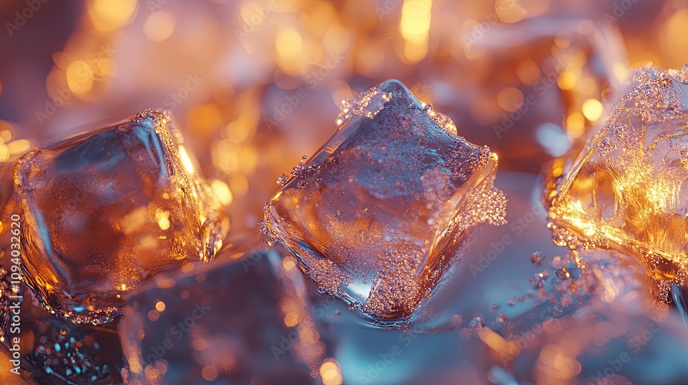 A cinematic moment focusing on ice cubes in a glass, each refracting light through the sparkling water for a cooling effect. A cinematic moment focusing on ice cubes in a glass, each refracting light through the sparkling water for a cooling effect.