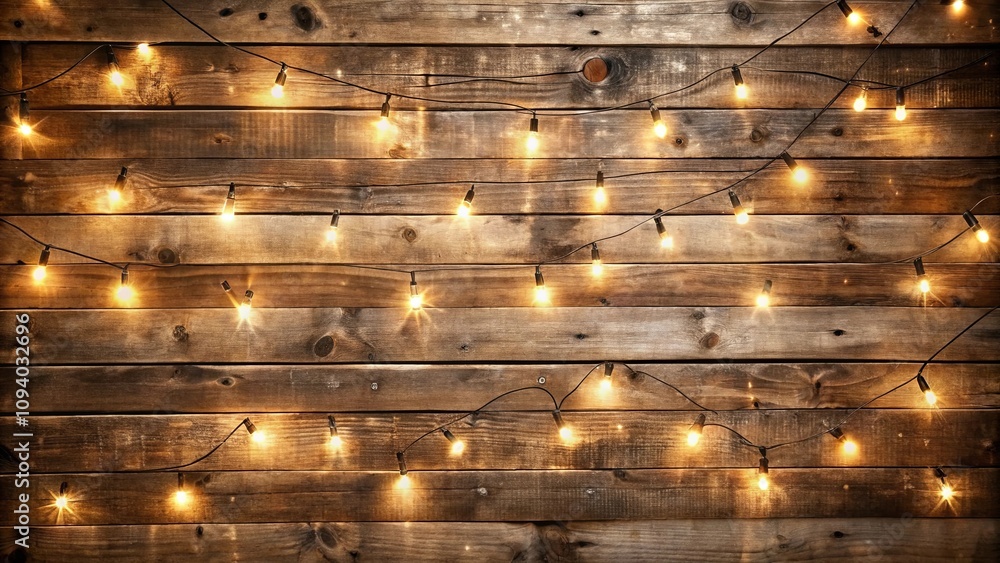 Warm String Lights on Rustic Wooden Background Perfect for Holiday or Festive Designs