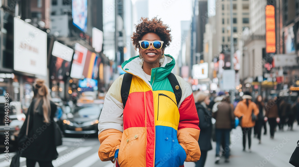 Urban Style: A vibrant young woman in a colorful puffer jacket and sunglasses strolls confidently through the bustling streets of New York City, radiating confidence and individuality. Urban Style: A vibrant young woman in a colorful puffer jacket and sunglasses strolls confidently through the bustling streets of New York City, radiating confidence and individuality.
