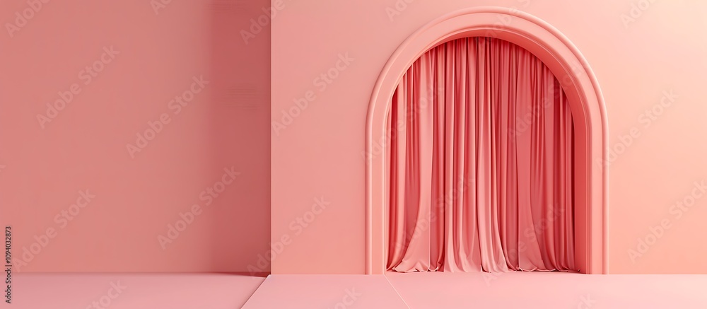 3D render of a simple pink arch with a curtain on the wall, against a solid background. Minimal and elegant design. 3D render of a simple pink arch with a curtain on the wall, against a solid background. Minimal and elegant design.