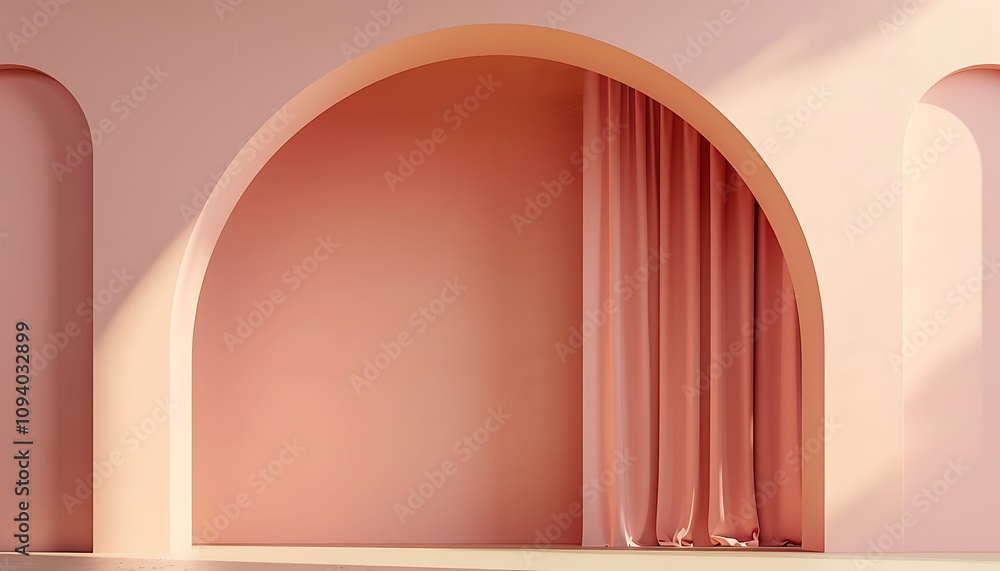 3D render of a stylish pink arch with a curtain on the wall, minimal design with a solid background. Elegant and clean. 3D render of a stylish pink arch with a curtain on the wall, minimal design with a solid background. Elegant and clean.