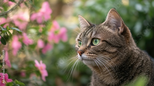 Wallpaper Mural A close-up of a tabby cat face, focusing on its vivid green eyes and detailed fur. Torontodigital.ca