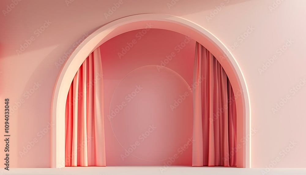 3D render of a stylish pink arch with a curtain on the wall, minimal design with a solid background. Elegant and clean. 3D render of a stylish pink arch with a curtain on the wall, minimal design with a solid background. Elegant and clean.