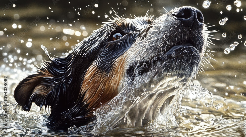 A close-up of a wet dog shaking off water after a swim in a sparkling lake. A close-up of a wet dog shaking off water after a swim in a sparkling lake.