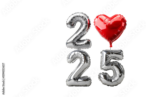 2025 in silver foil balloons with red heartshaped balloons PNG transparent background for Happy new year 2025 covcept