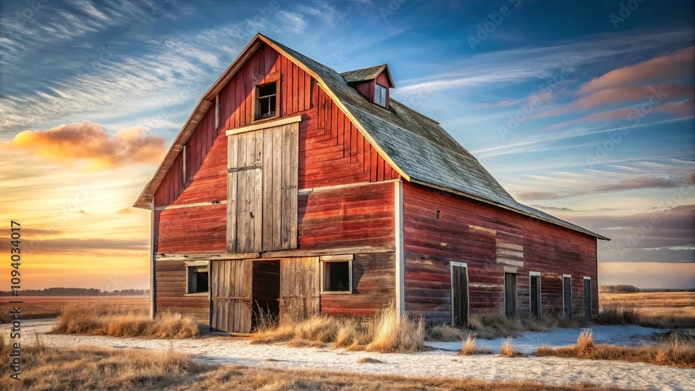 Rustic Red Barn at Sunset, a Symbol of Rural Heritage and Agricultural Past Rustic Red Barn at Sunset, a Symbol of Rural Heritage and Agricultural Past
