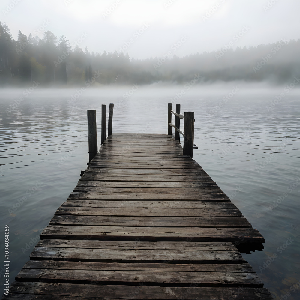 Obraz premium Time-Worn Wooden Pier Over a Foggy Lake