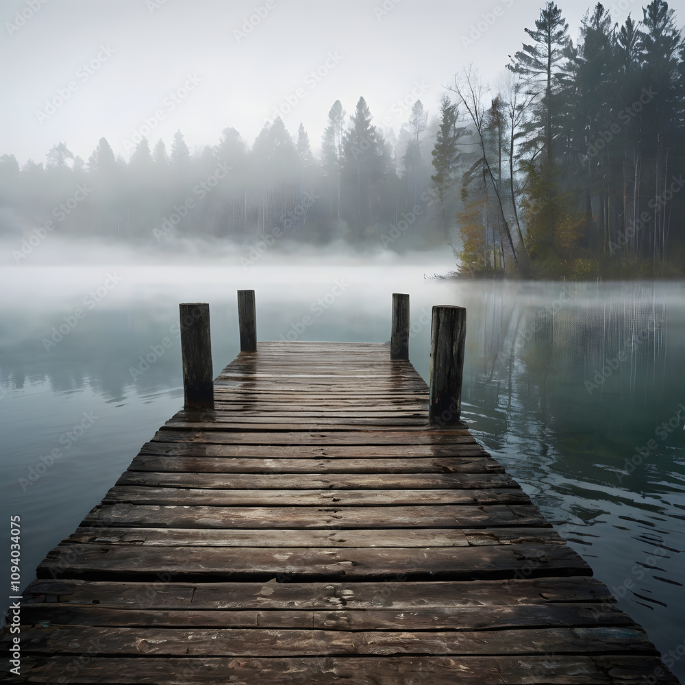 Fototapeta premium Time-Worn Wooden Pier Over a Foggy Lake
