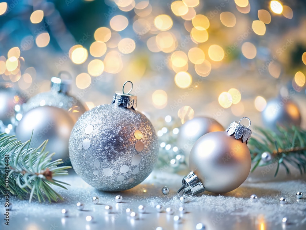 Stunning Silver Christmas Decoration Featuring Baubles in Tilt-Shift Photography Style, Capturing the Essence of the Holiday Spirit with a Unique Perspective on Festive Decor Stunning Silver Christmas Decoration Featuring Baubles in Tilt-Shift Photography Style, Capturing the Essence of the Holiday Spirit with a Unique Perspective on Festive Decor