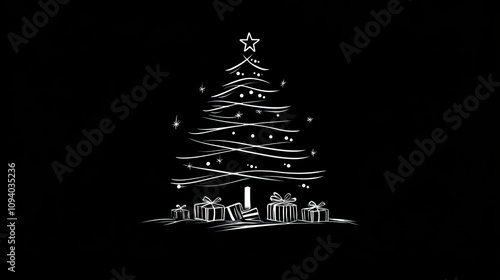 A minimalist white sketch of a Christmas tree with simple gifts at the base on a black background, perfect for elegant festive designs.
