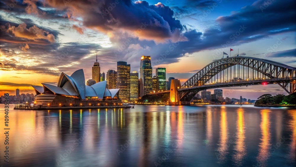 Naklejka premium Stunning Sydney Harbor Skyline at Dusk with Iconic Landmarks and Vibrant City Lights Captured with Rule of Thirds Composition for Breathtaking Visual Appeal