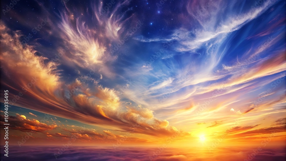 Obraz premium Celestial Sunset Vibrant Hues of Orange, Gold, and Blue Paint the Sky Above a Sea of Clouds at Dusk