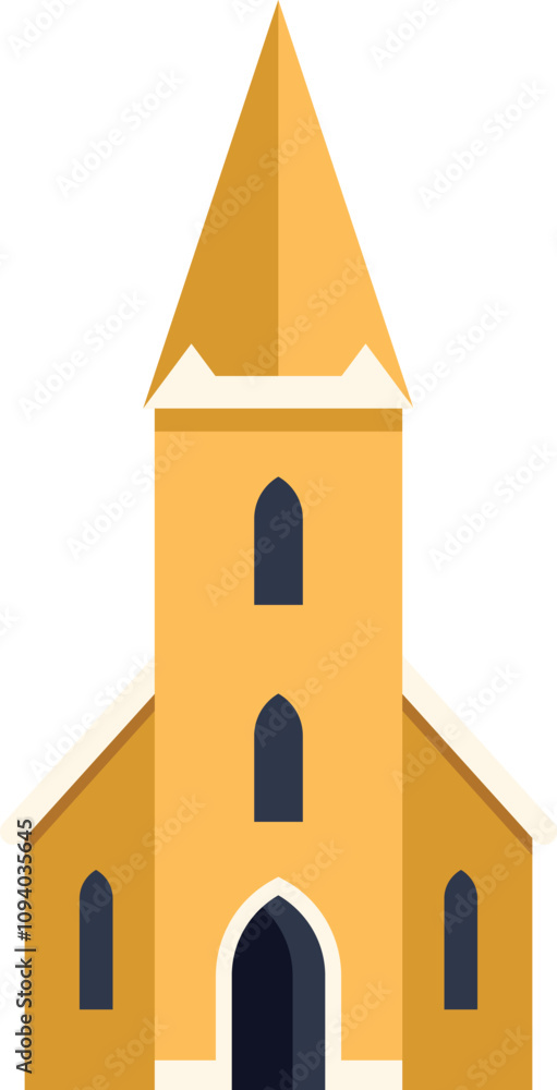 Small yellow church building facade with steeple tower standing and casting a shadow, isolated vector illustration in flat style Small yellow church building facade with steeple tower standing and casting a shadow, isolated vector illustration in flat style