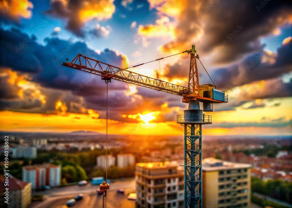 Stunning Tilt-Shift Photography of a Crane Against a Beautiful Sky with Dramatic Clouds at Sunset, Capturing the Essence of Urban Construction and Nature's Beauty Combined Stunning Tilt-Shift Photography of a Crane Against a Beautiful Sky with Dramatic Clouds at Sunset, Capturing the Essence of Urban Construction and Nature's Beauty Combined