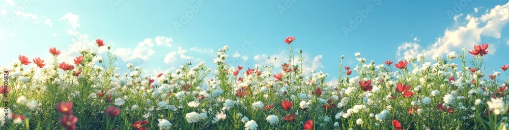 A vibrant field of colorful flowers under a blue sky with scattered clouds. A vibrant field of colorful flowers under a blue sky with scattered clouds.