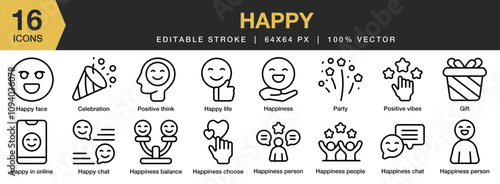 Happy icon set. Editable Stroke Icon Collection. Includes Success, Best, Happiness, Person, Rejoice, and More. Outline icons vector collection.