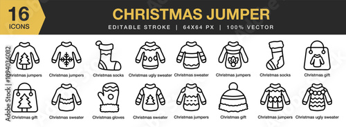 Christmas Jumper icon set. Editable Stroke Icon Collection. Includes Jumper, Fashion, Garmet, Clothes, Jacket, Winter, and More. Outline icons vector collection.