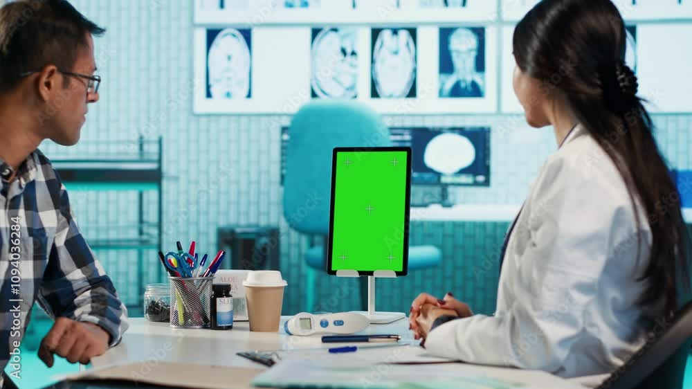 Specialist discussing x ray imaging with a patient next to isolated mockup display, presenting healthcare diagnosis during check up visit. Physician sharing the treatment plan and advice. Camera A. Specialist discussing x ray imaging with a patient next to isolated mockup display, presenting healthcare diagnosis during check up visit. Physician sharing the treatment plan and advice. Camera A.