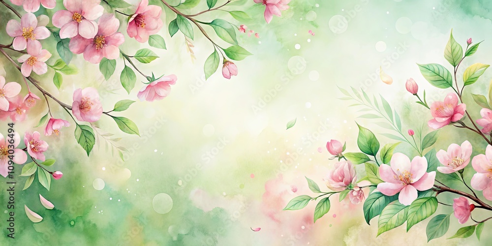 Delicate Watercolor Painting of Blooming Pink Flowers with Lush Green Foliage and a Soft Pastel Background Delicate Watercolor Painting of Blooming Pink Flowers with Lush Green Foliage and a Soft Pastel Background