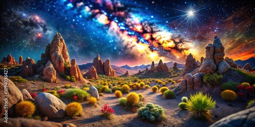 Stunning Tilt-Shift Photography of an Alien Landscape Under a Starry Sky, Featuring Colorful Rock Formations, Vibrant Nebulae, and a Whimsical Atmosphere for Sci-Fi Lovers