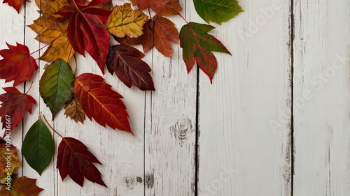 Wood cross and border of red and green autumn leaves on a white wood background with copy space, ai photo