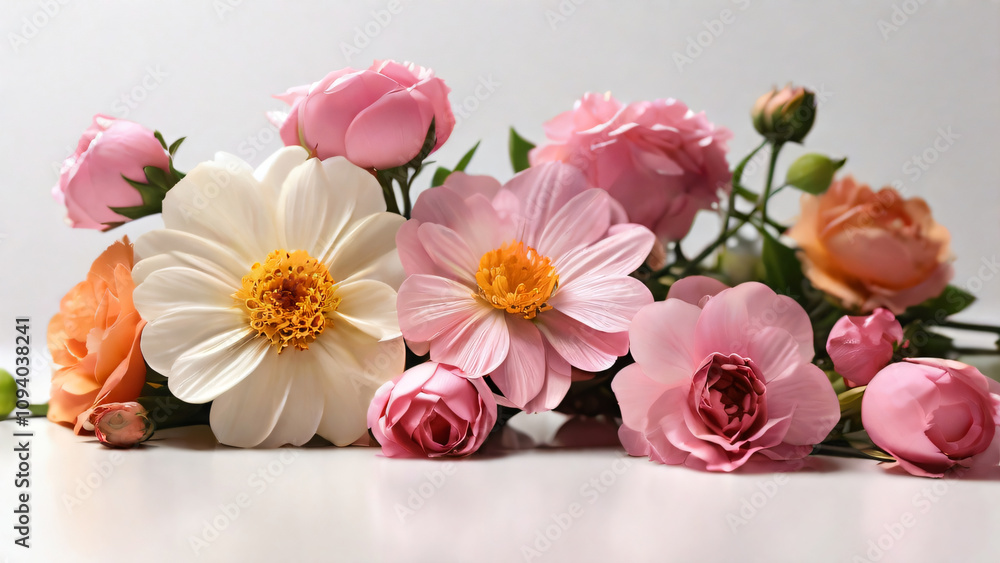 Obraz premium A vibrant bouquet of flowers beautifully arranged on a white background.