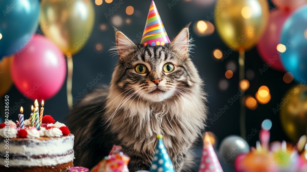Celebrating with a cat festive birthday party scene home animal photography colorful background playful atmosphere Celebrating with a cat festive birthday party scene home animal photography colorful background playful atmosphere
