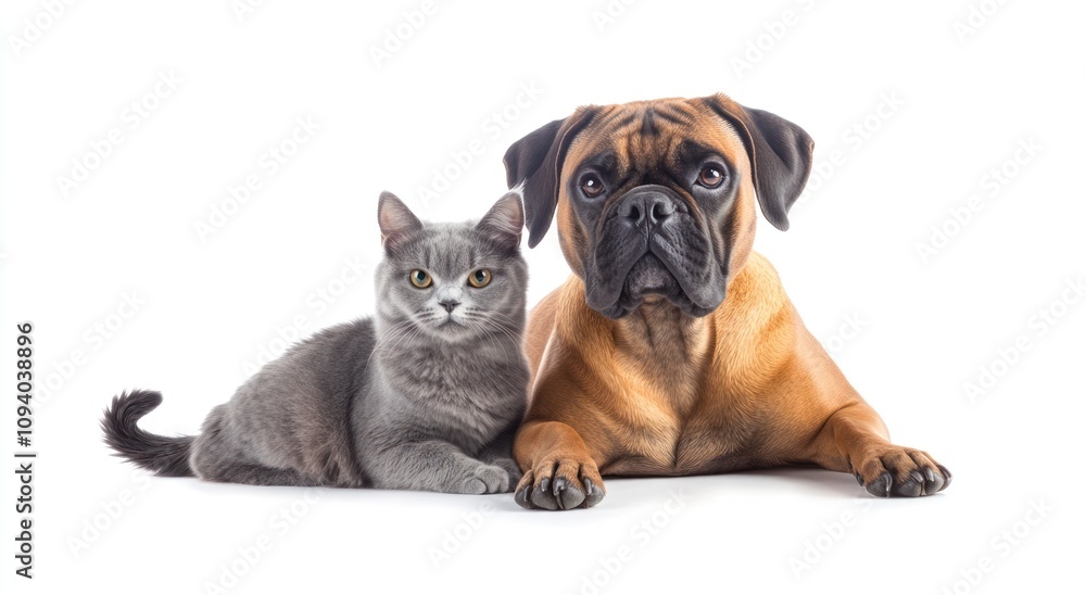 Obraz premium A cat and a dog lying together on a white background, showcasing their friendship.