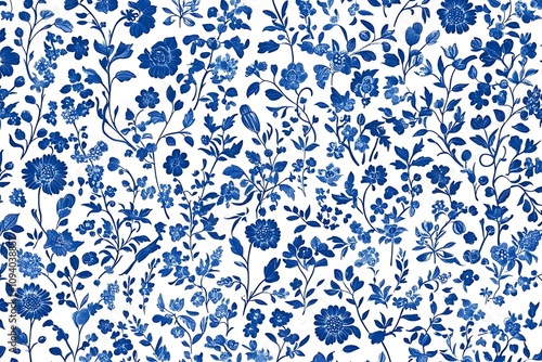 Seamless Blue Chinoiserie Floral Pattern on White Background for Traditional French-Style Garden Prints