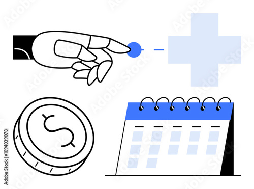 Robotic hand pointing to medical cross, calendar, and dollar coin symbolizing healthcare, cost, and scheduling. Ideal for healthcare, finance, technology, robotics scheduling financial planning