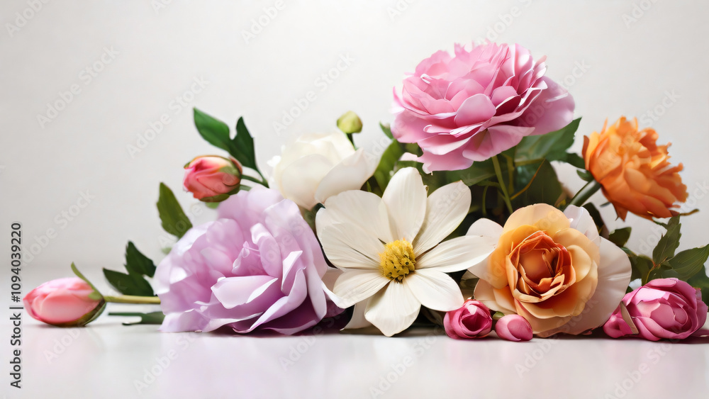 A vibrant bouquet of flowers beautifully arranged on a white background. A vibrant bouquet of flowers beautifully arranged on a white background.