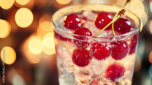 Bright cherries submerged in a sparkling drink, bar details blurred behind for a clean and modern layout.