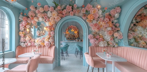 Pastel pink and blue interior with floral decor, booths, and tables.