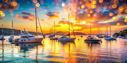 Stunning Yachts Gliding Across Falmouth Bay in English Harbor at Sunset with Bokeh Effect Creating a Dreamy and Serene Atmosphere for Nautical Lovers and Photography Enthusiasts photo