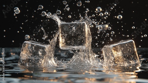 Wallpaper Mural Cinematic water splash surrounding three ice cubes, with sparkling bubbles floating upward on a transparent background. Torontodigital.ca